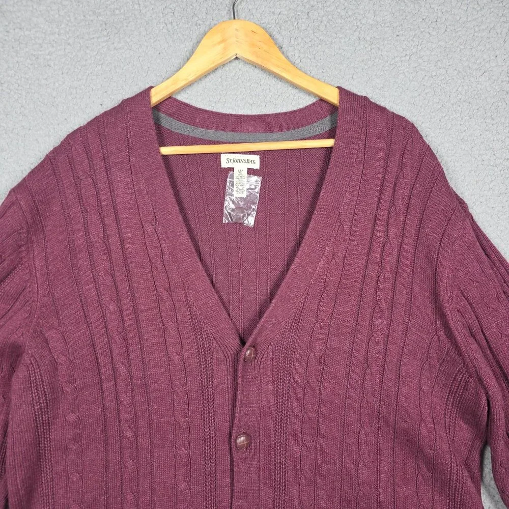 VTG St Johns Bay Sweater Mens Size LT Burgundy 3D Cable Knit Cardigan Grandpa